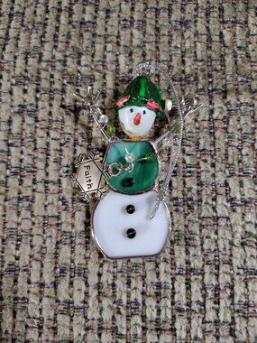 WHITE & GREEN GLASS SNOWMAN 2 Inch ORNAMENT UNBRANDED